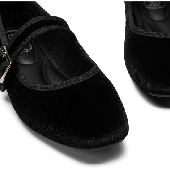 Trary Women's Black Velvet Square Toe Buckle Strap Ballet Mary Jane Shoes - Picture 2 of 6